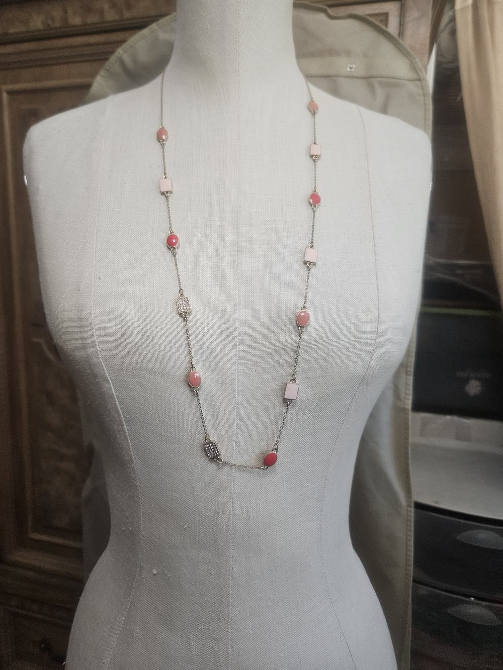 LOFT Pink And Orange Bead and Rhinestone Cube 31" Long Necklace